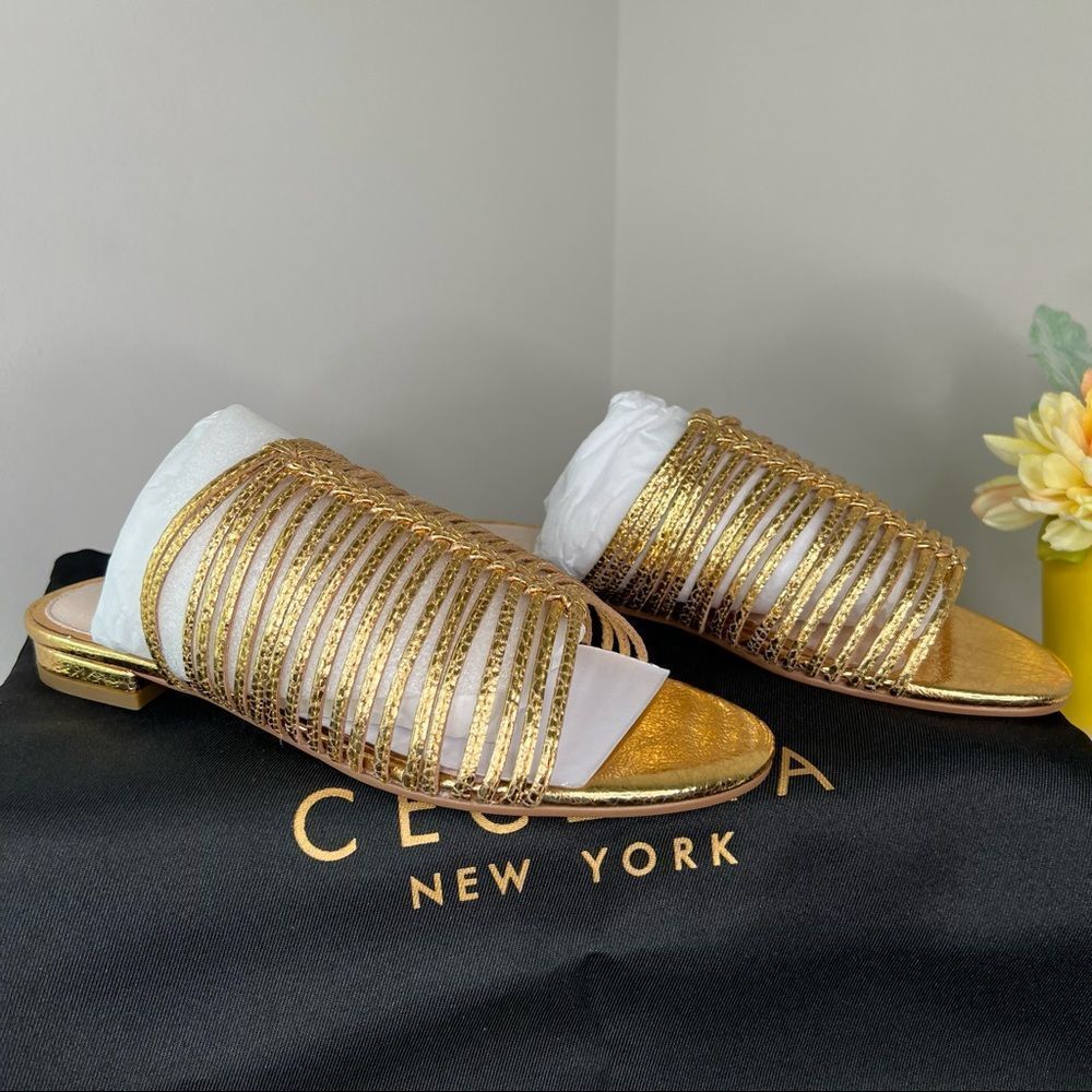 Cecelia New York Sienna Gold Metallic Strappy Slide Sandal NEW Size 7.5